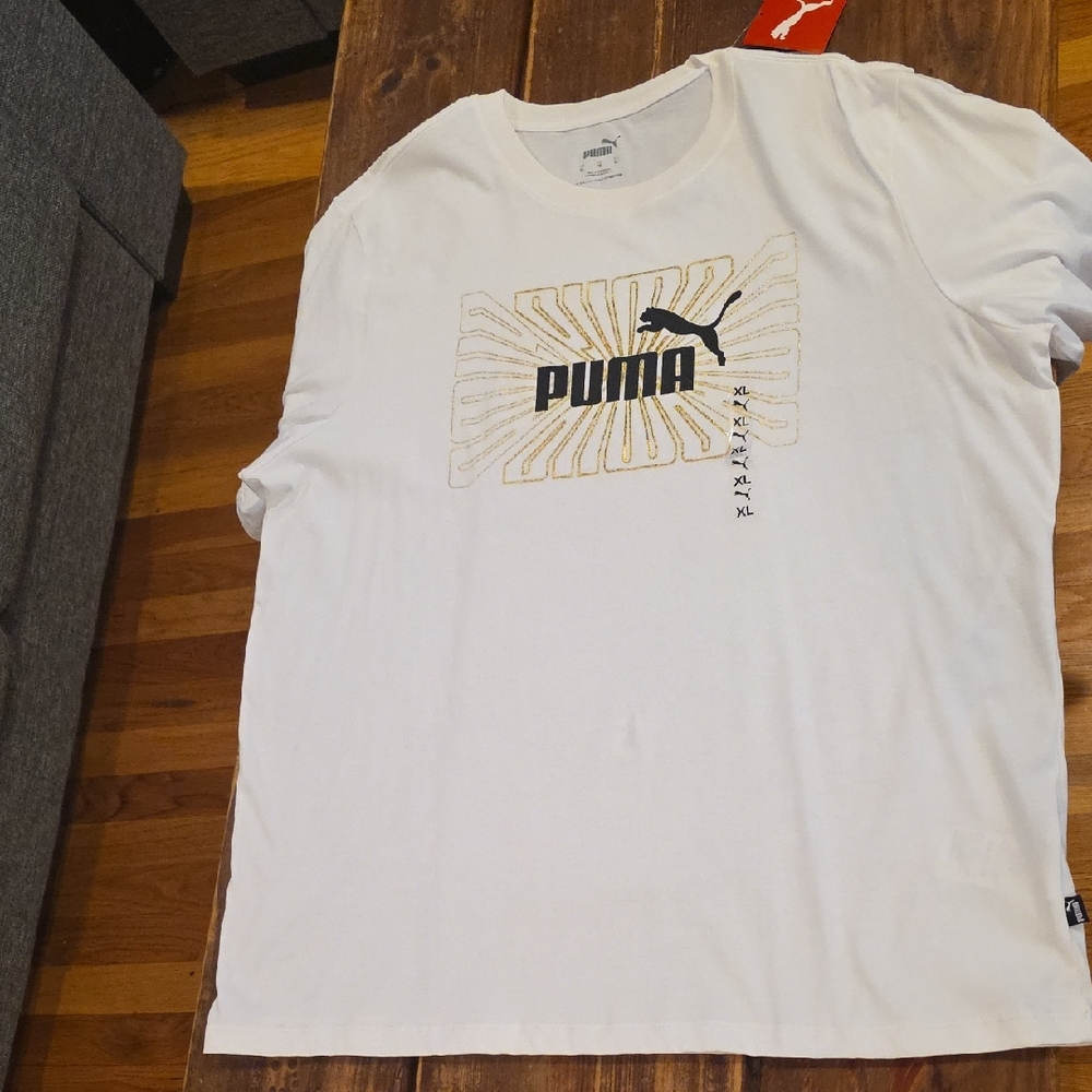 Puma White Short Sleeve Tee with Gold Graphic and Black Logo Men Size XL